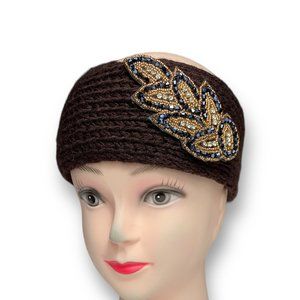 Women Headband Winter Ear Warm Turban Headwear Knit Wool Boho Hat Dark brown